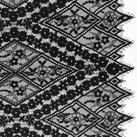 Cotton and Nylon Re-Embroidered Lace Panel with Finished Edges - Black Diamonds and Flowers