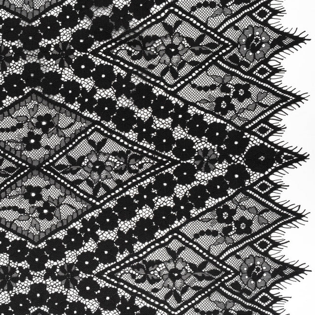 Cotton and Nylon Re-Embroidered Lace Panel with Finished Edges - Black Diamonds and Flowers