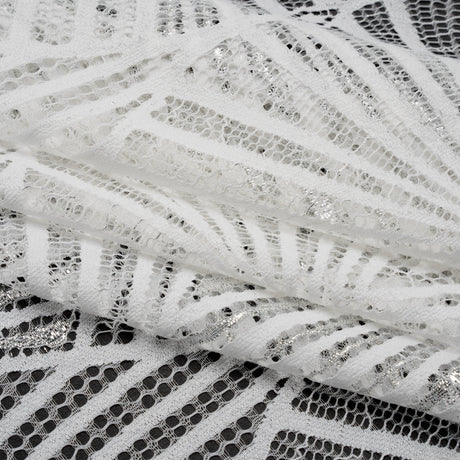 Metallic Lace Panel with Finished Edges - Silver and White Geometric Starburst