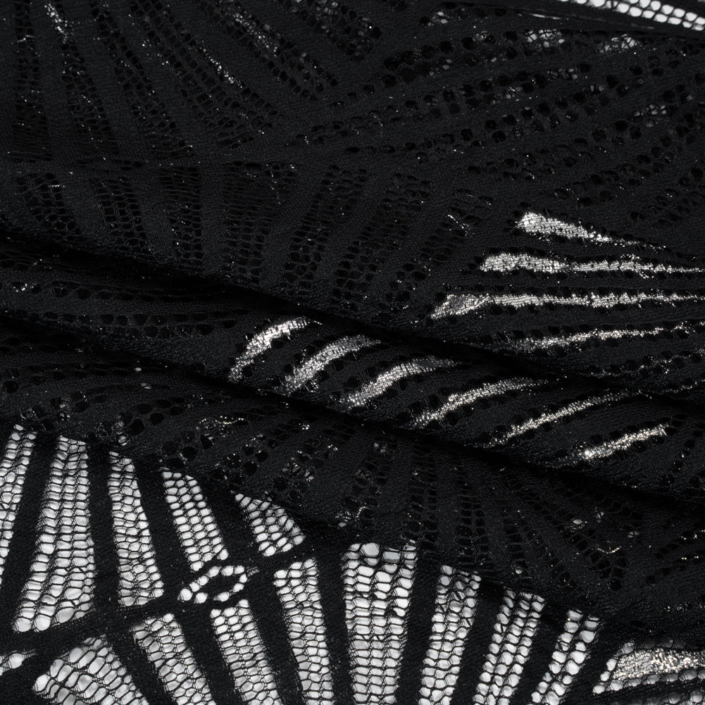 Metallic Lace Panel with Finished Edges - Silver and Black Geometric Starburst
