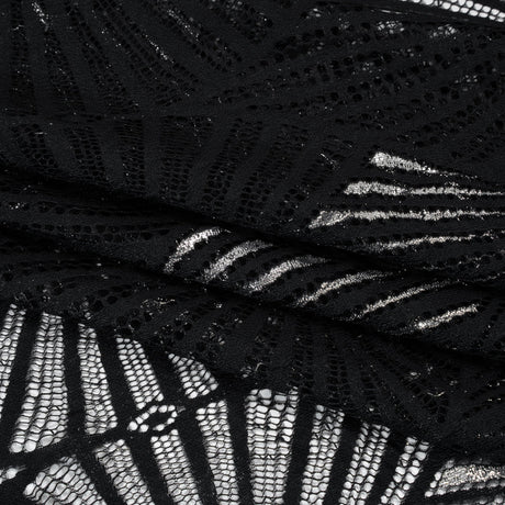 Metallic Lace Panel with Finished Edges - Silver and Black Geometric Starburst