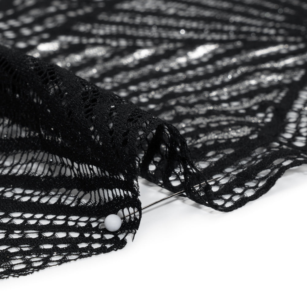 Metallic Lace Panel with Finished Edges - Silver and Black Geometric Starburst