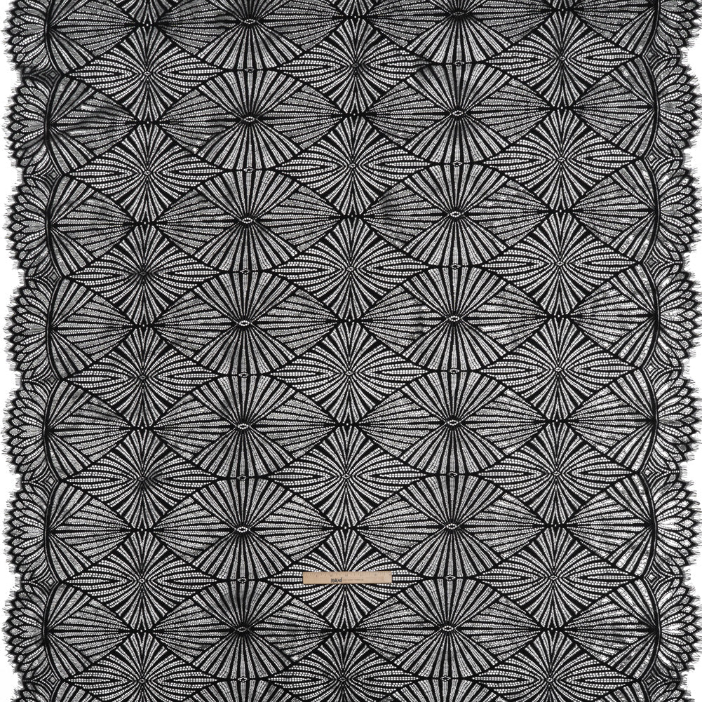 Metallic Lace Panel with Finished Edges - Silver and Black Geometric Starburst