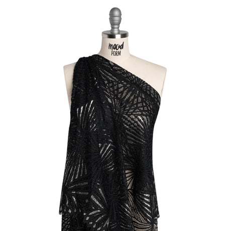 Metallic Lace Panel with Finished Edges - Silver and Black Geometric Starburst