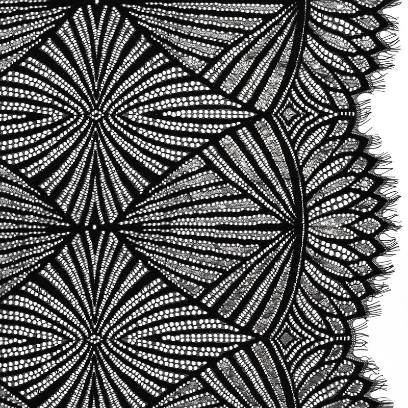 Metallic Lace Panel with Finished Edges - Silver and Black Geometric Starburst
