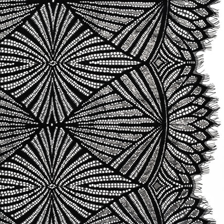 Metallic Lace Panel with Finished Edges - Silver and Black Geometric Starburst