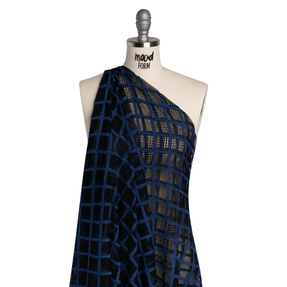 Corded Lace with Little Scalloped Finished Edges - Surf Blue and Black Diamond Lattice