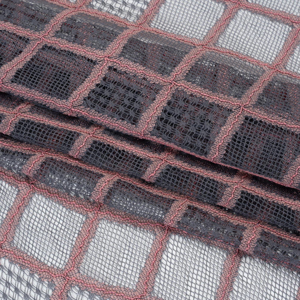 Corded Lace with Little Scalloped Finished Edges - Gray and Dusty Rose Diamond Lattice