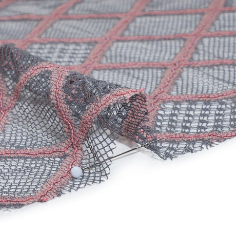 Corded Lace with Little Scalloped Finished Edges - Gray and Dusty Rose Diamond Lattice
