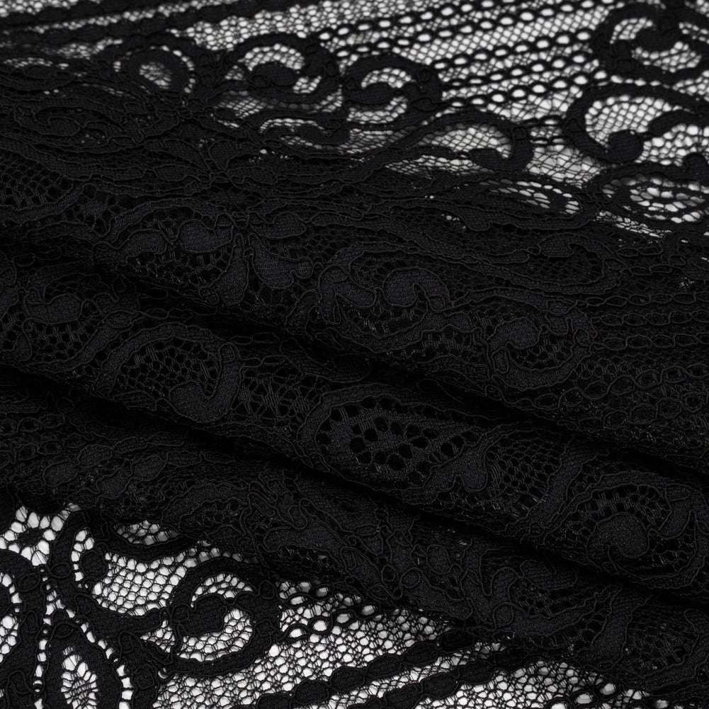 Corded Lace with Fringed and Scalloped Edges - Black Vine Stripes
