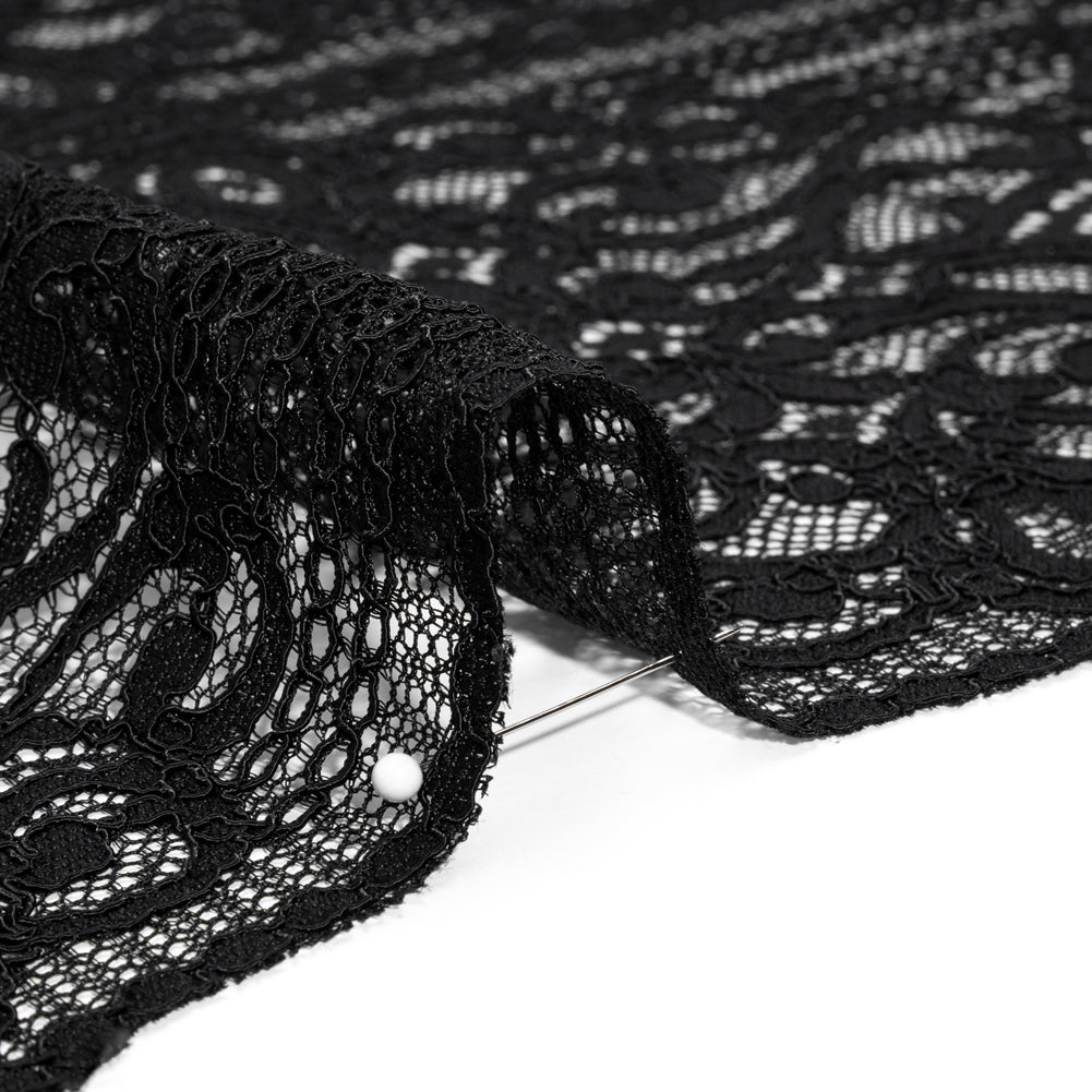 Corded Lace with Fringed and Scalloped Edges - Black Vine Stripes
