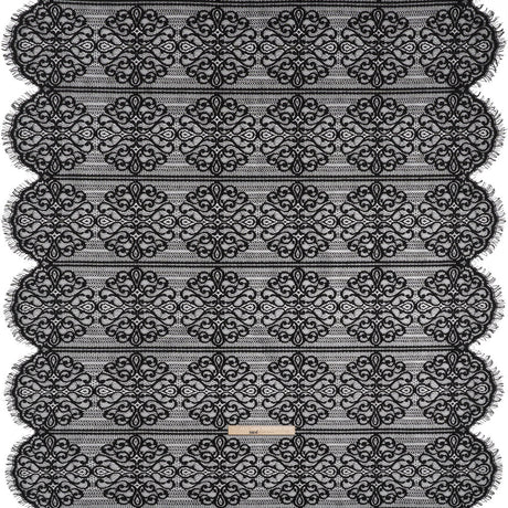 Corded Lace with Fringed and Scalloped Edges - Black Vine Stripes