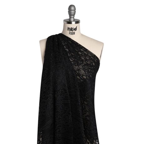 Corded Lace with Fringed and Scalloped Edges - Black Vine Stripes