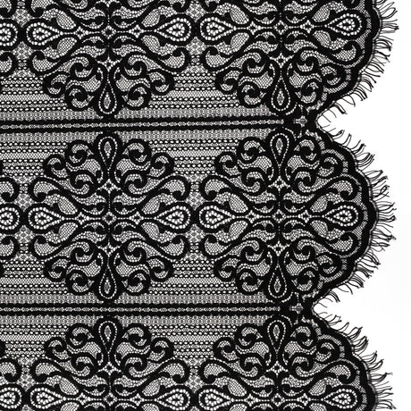 Corded Lace with Fringed and Scalloped Edges - Black Vine Stripes