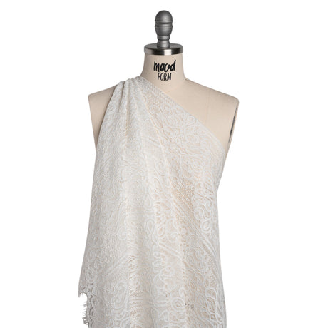 Corded Lace with Fringed and Scalloped Edges - Ivory Vine Stripes
