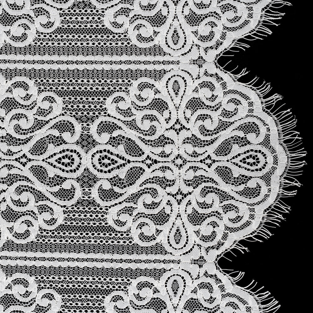Corded Lace with Fringed and Scalloped Edges - Ivory Vine Stripes