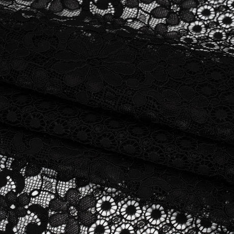 Rayon and Nylon Corded Lace with Scalloped Finished Edges - Black Flower and Dot Stripes