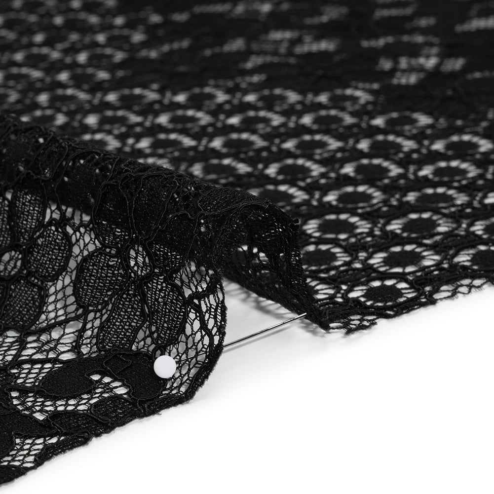 Rayon and Nylon Corded Lace with Scalloped Finished Edges - Black Flower and Dot Stripes