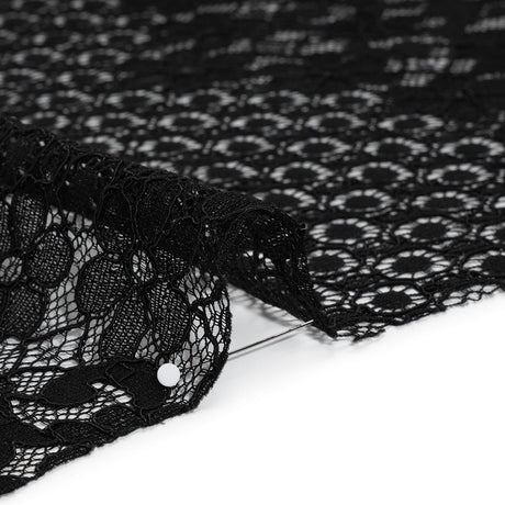 Rayon and Nylon Corded Lace with Scalloped Finished Edges - Black Flower and Dot Stripes
