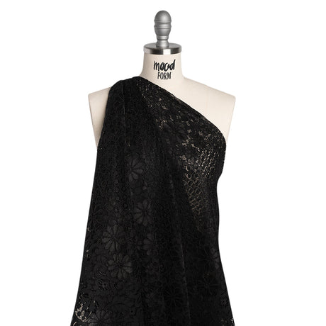 Rayon and Nylon Corded Lace with Scalloped Finished Edges - Black Flower and Dot Stripes