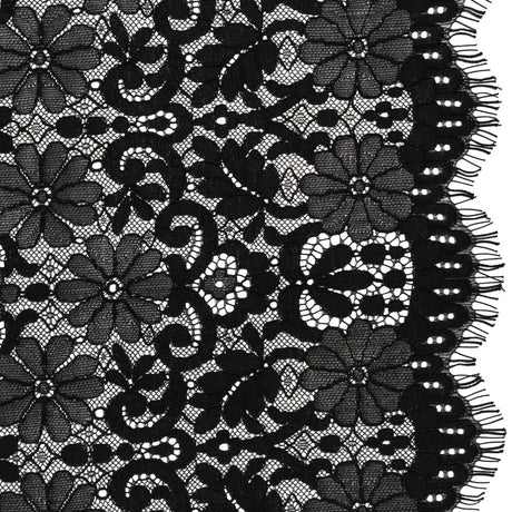 Rayon and Nylon Corded Lace with Scalloped Finished Edges - Black Flower and Dot Stripes