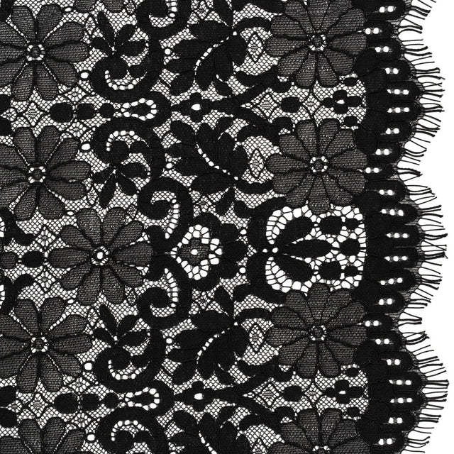Rayon and Nylon Corded Lace with Scalloped Finished Edges - Black Flower and Dot Stripes