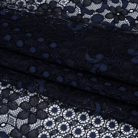 Rayon and Nylon Corded Lace with Scalloped Finished Edges - Navy Blue Flower and Dot Stripes
