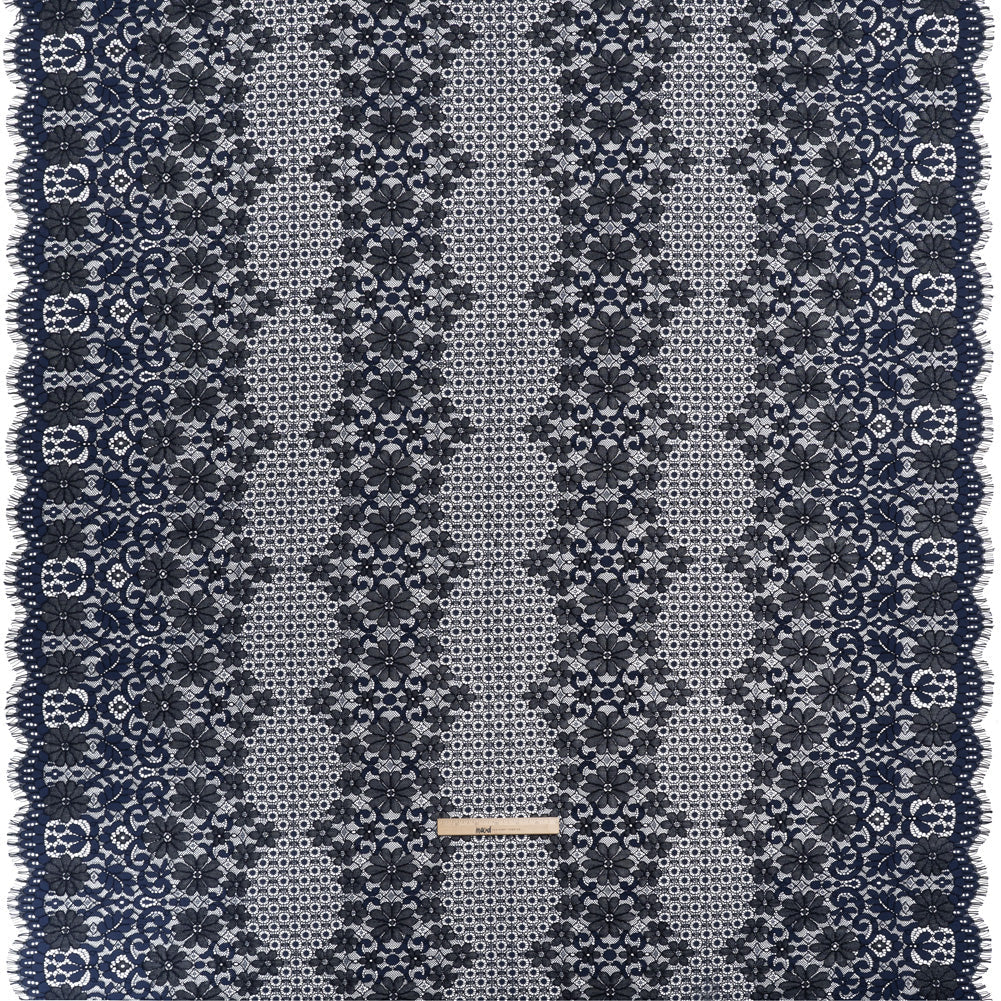 Rayon and Nylon Corded Lace with Scalloped Finished Edges - Navy Blue Flower and Dot Stripes