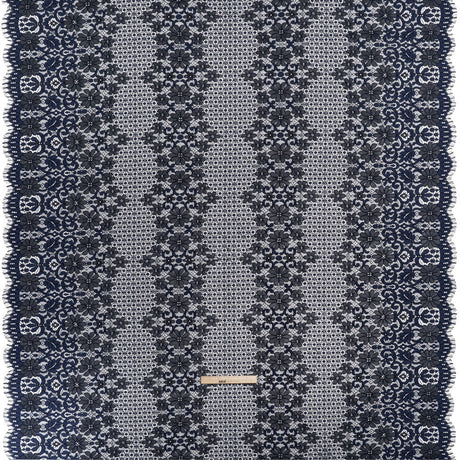 Rayon and Nylon Corded Lace with Scalloped Finished Edges - Navy Blue Flower and Dot Stripes