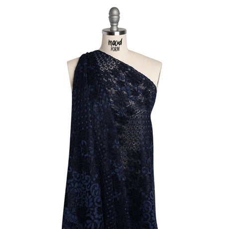 Rayon and Nylon Corded Lace with Scalloped Finished Edges - Navy Blue Flower and Dot Stripes