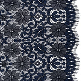 Rayon and Nylon Corded Lace with Scalloped Finished Edges - Navy Blue Flower and Dot Stripes
