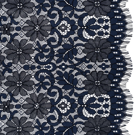 Rayon and Nylon Corded Lace with Scalloped Finished Edges - Navy Blue Flower and Dot Stripes