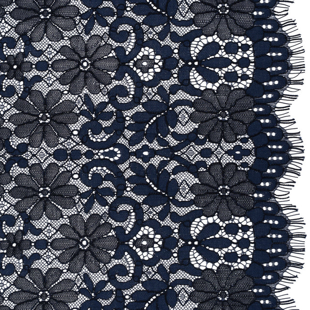 Rayon and Nylon Corded Lace with Scalloped Finished Edges - Navy Blue Flower and Dot Stripes