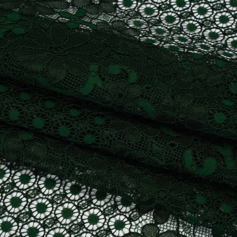 Rayon and Nylon Corded Lace with Scalloped Finished Edges - Hunter Green Flower and Dot Stripes