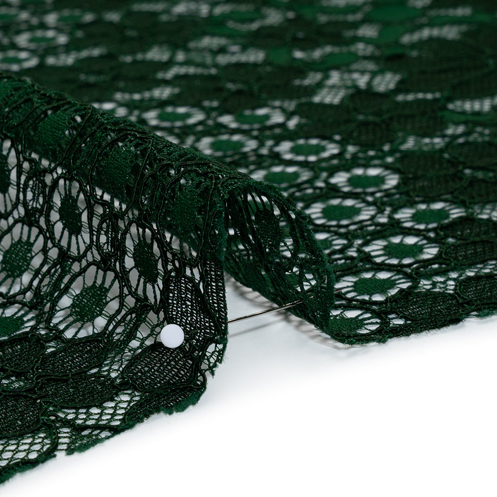 Rayon and Nylon Corded Lace with Scalloped Finished Edges - Hunter Green Flower and Dot Stripes