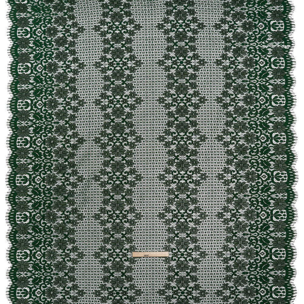 Rayon and Nylon Corded Lace with Scalloped Finished Edges - Hunter Green Flower and Dot Stripes