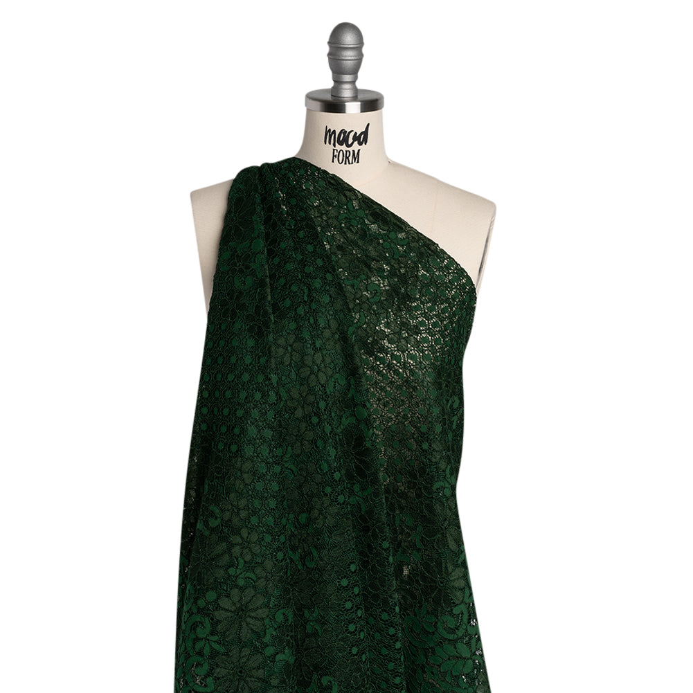 Rayon and Nylon Corded Lace with Scalloped Finished Edges - Hunter Green Flower and Dot Stripes