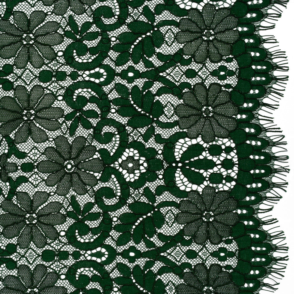 Rayon and Nylon Corded Lace with Scalloped Finished Edges - Hunter Green Flower and Dot Stripes