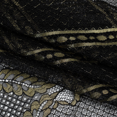 Metallic Re-Embroidered Raschel Lace - Black and Gold Stripes and Diamond Lattice with Floral Border