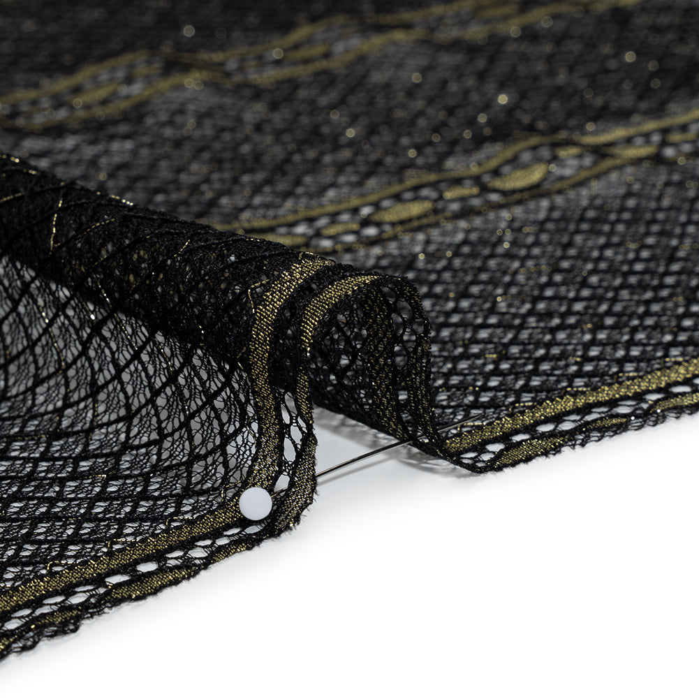 Metallic Re-Embroidered Raschel Lace - Black and Gold Stripes and Diamond Lattice with Floral Border