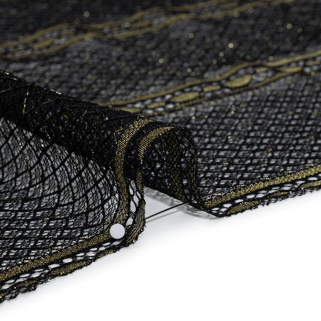 Metallic Re-Embroidered Raschel Lace - Black and Gold Stripes and Diamond Lattice with Floral Border