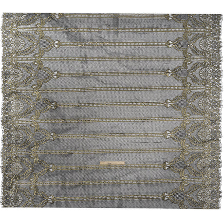 Metallic Re-Embroidered Raschel Lace - Black and Gold Stripes and Diamond Lattice with Floral Border