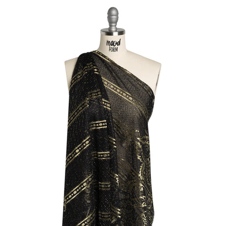 Metallic Re-Embroidered Raschel Lace - Black and Gold Stripes and Diamond Lattice with Floral Border