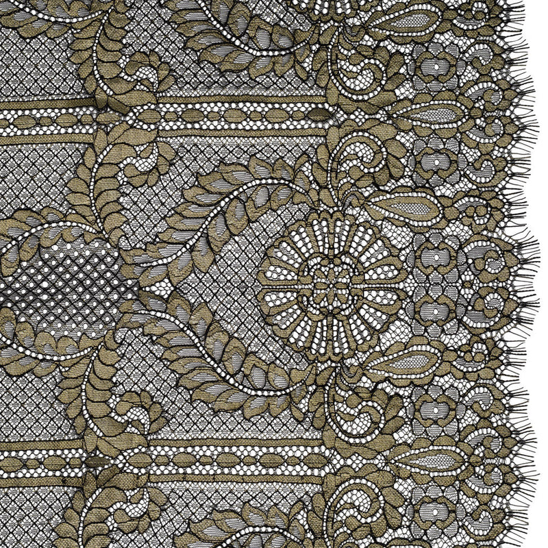 Metallic Re-Embroidered Raschel Lace - Black and Gold Stripes and Diamond Lattice with Floral Border