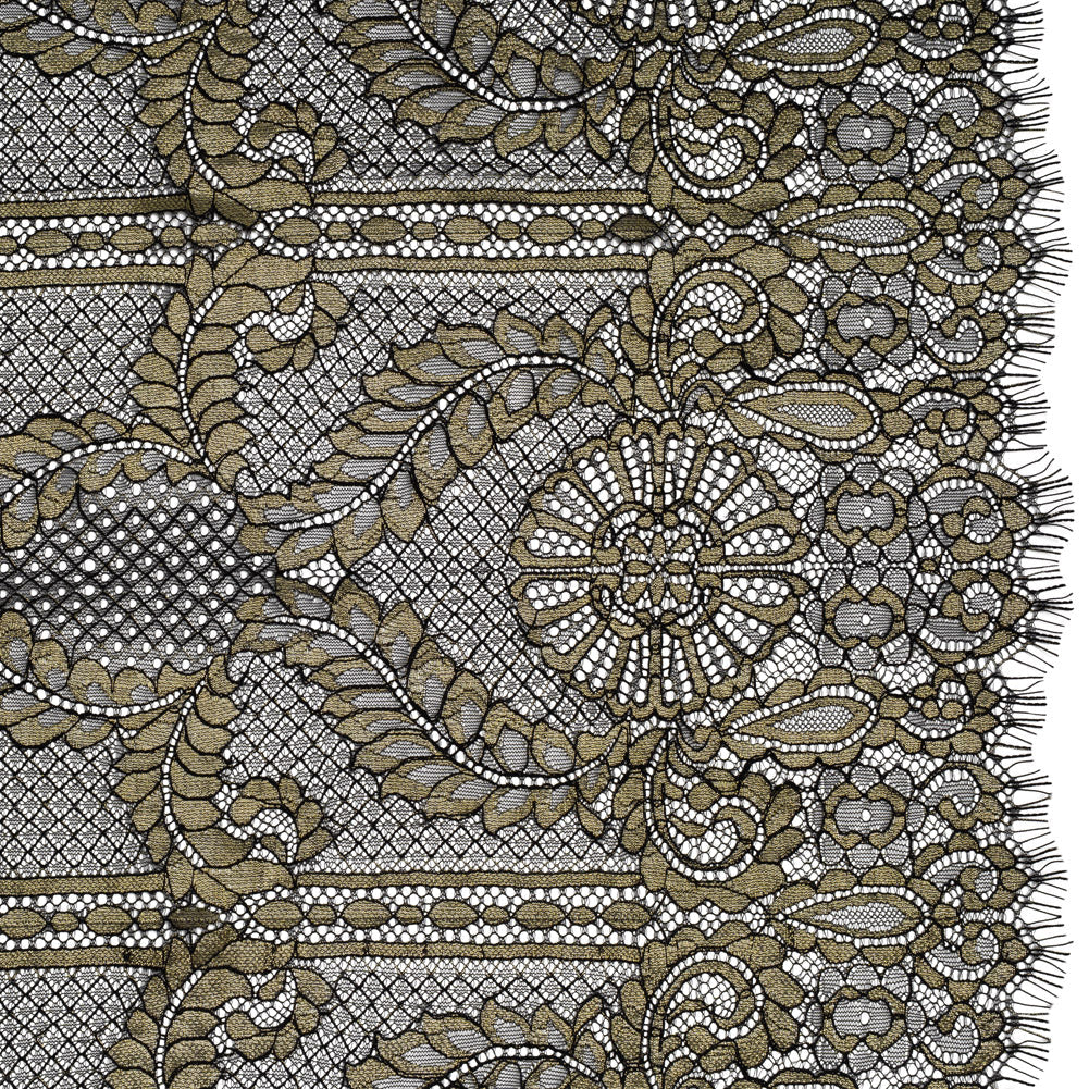 Metallic Re-Embroidered Raschel Lace - Black and Gold Stripes and Diamond Lattice with Floral Border
