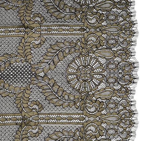 Metallic Re-Embroidered Raschel Lace - Black and Gold Stripes and Diamond Lattice with Floral Border