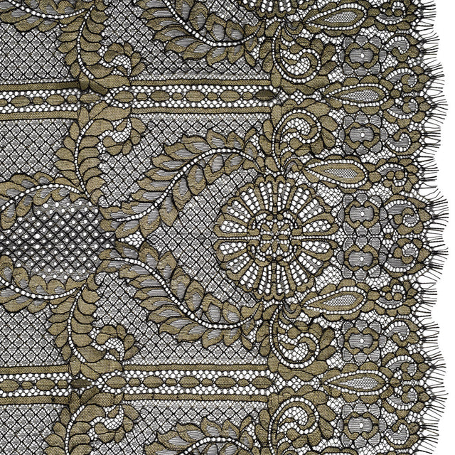Metallic Re-Embroidered Raschel Lace - Black and Gold Stripes and Diamond Lattice with Floral Border