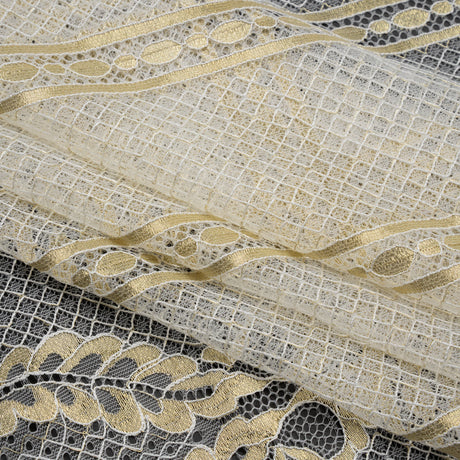 Metallic Re-Embroidered Raschel Lace - Ivory and Gold Stripes and Diamond Lattice with Floral Border