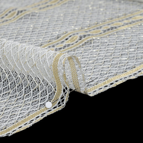 Metallic Re-Embroidered Raschel Lace - Ivory and Gold Stripes and Diamond Lattice with Floral Border