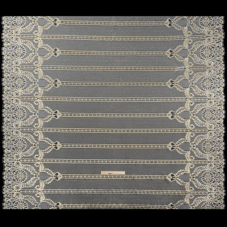 Metallic Re-Embroidered Raschel Lace - Ivory and Gold Stripes and Diamond Lattice with Floral Border